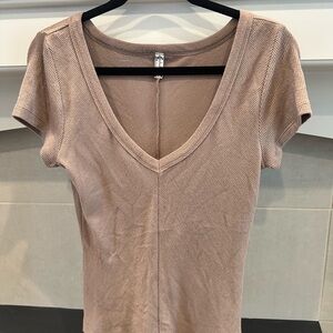Free People Tan Short Sleeve V-Neck Top